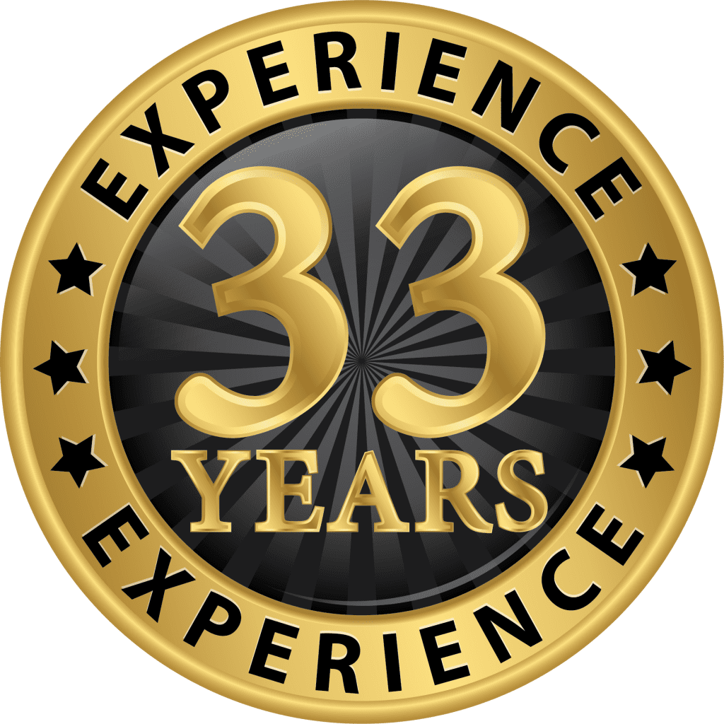 A gold and black seal with the words experience 3 3 years