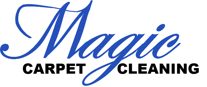 A green background with blue lettering that says magna carpet cleaning.