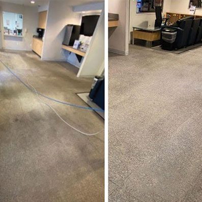 A before and after picture of the floor in a living room.