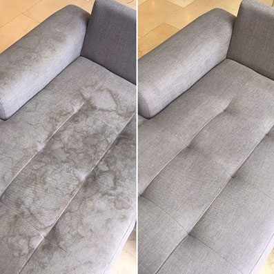 A couch with some stains on it and another couch that has been cleaned